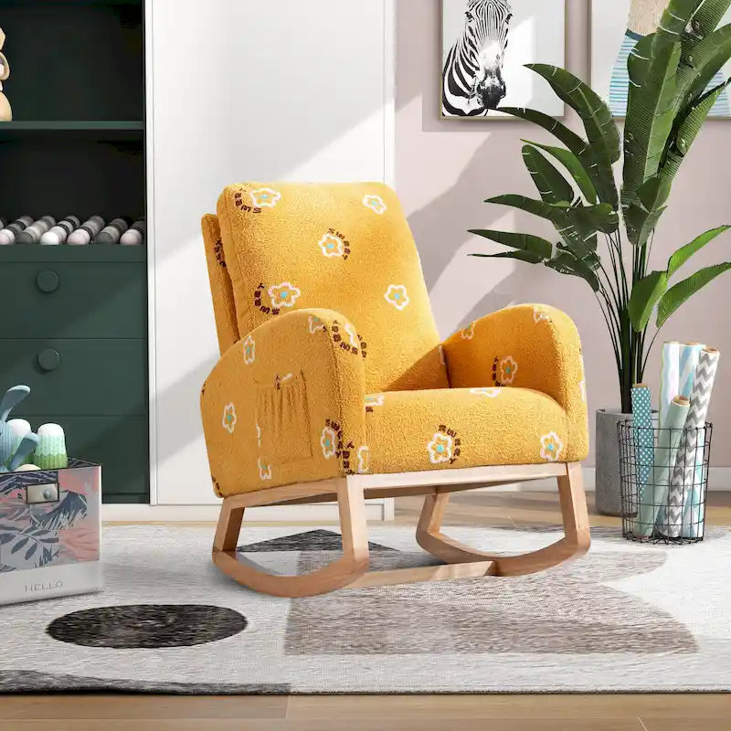Fauteuil à bascule rembourré moderne avec poches latérales, chaise de chambre d'enfant en bois à dossier haut