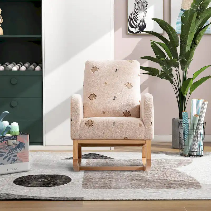 Fauteuil à bascule rembourré moderne avec poches latérales, chaise de chambre d'enfant en bois à dossier haut