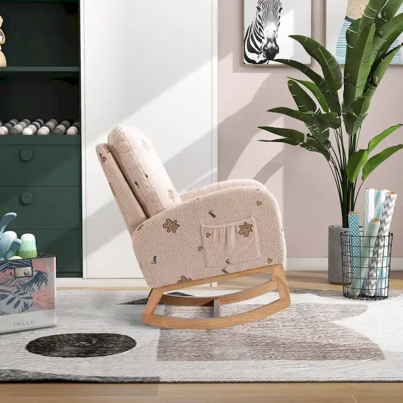 Fauteuil à bascule rembourré moderne avec poches latérales, chaise de chambre d'enfant en bois à dossier haut
