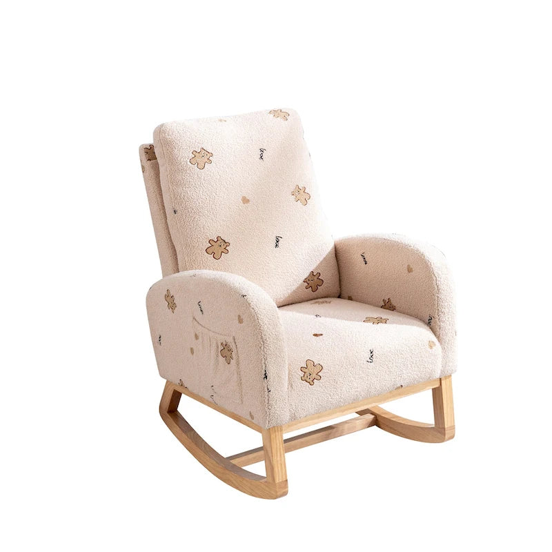 Fauteuil à bascule rembourré moderne avec poches latérales, chaise de chambre d'enfant en bois à dossier haut