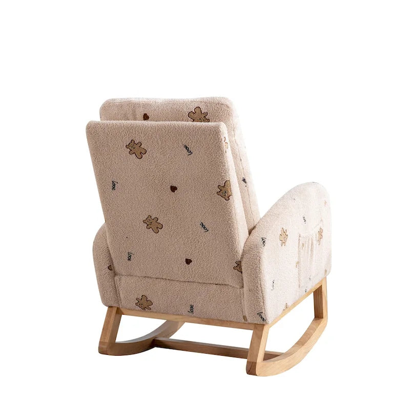Fauteuil à bascule rembourré moderne avec poches latérales, chaise de chambre d'enfant en bois à dossier haut