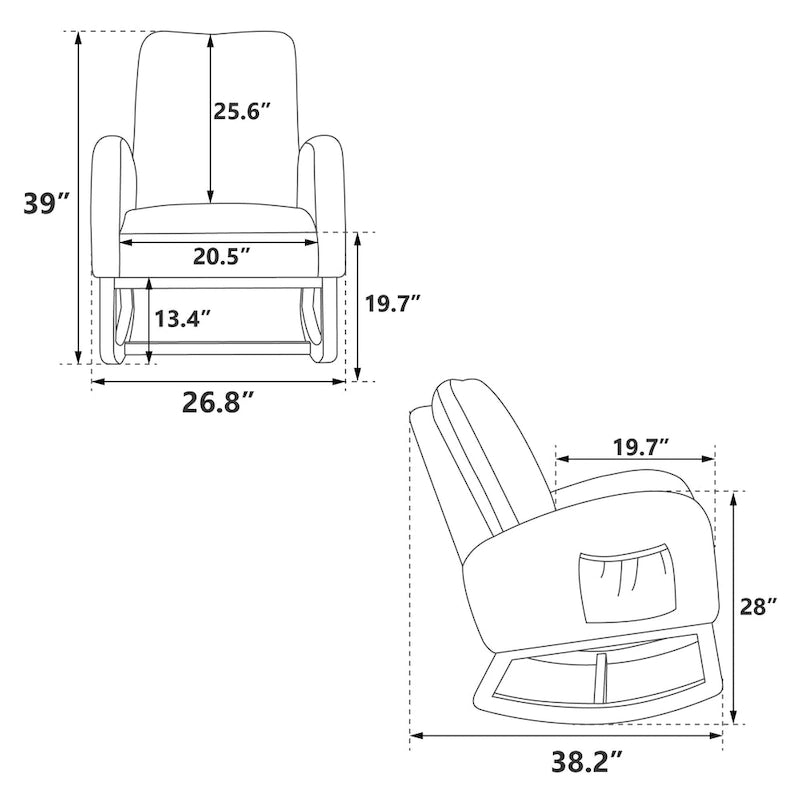 Fauteuil à bascule rembourré moderne avec poches latérales, chaise de chambre d'enfant en bois à dossier haut