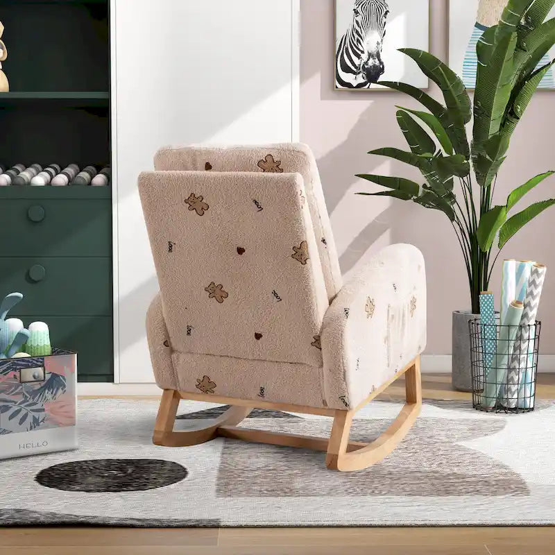 Fauteuil à bascule rembourré moderne avec poches latérales, chaise de chambre d'enfant en bois à dossier haut