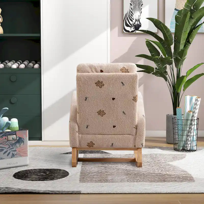 Fauteuil à bascule rembourré moderne avec poches latérales, chaise de chambre d'enfant en bois à dossier haut