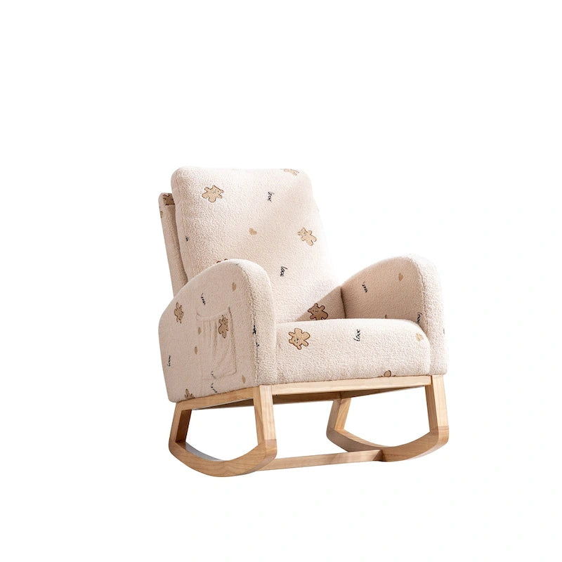 Fauteuil à bascule rembourré moderne avec poches latérales, chaise de chambre d'enfant en bois à dossier haut