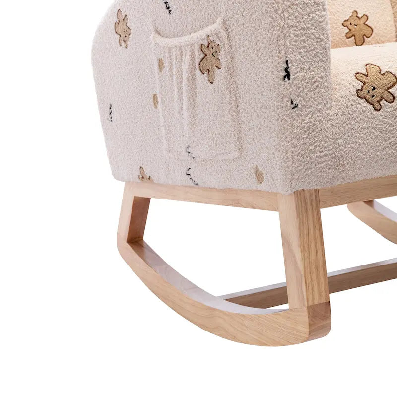 Fauteuil à bascule rembourré moderne avec poches latérales, chaise de chambre d'enfant en bois à dossier haut