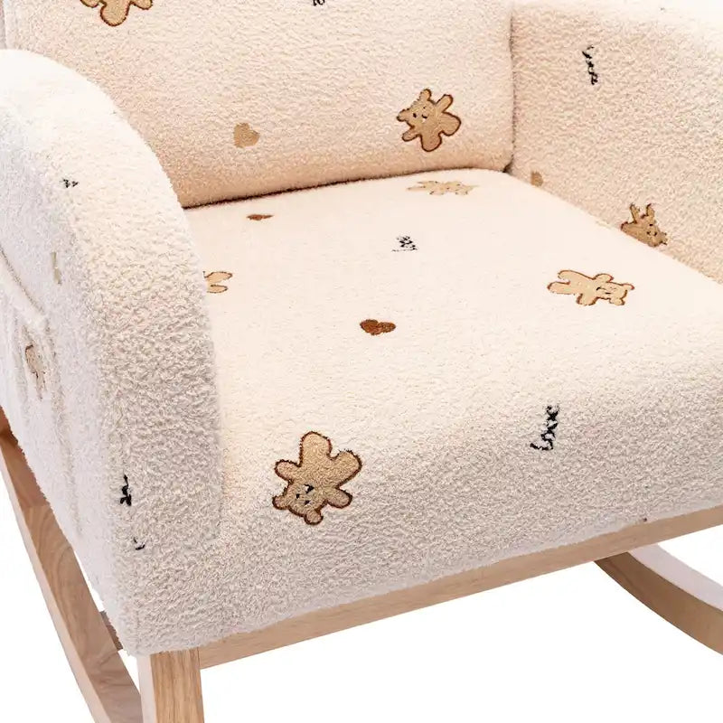 Fauteuil à bascule rembourré moderne avec poches latérales, chaise de chambre d'enfant en bois à dossier haut