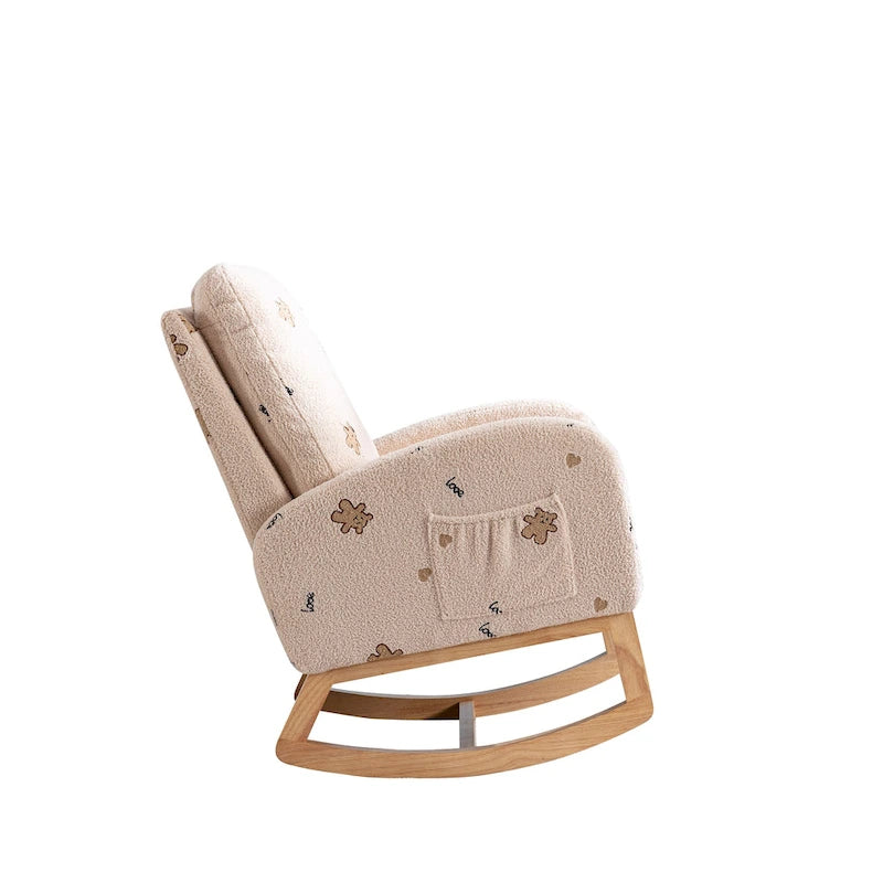 Fauteuil à bascule rembourré moderne avec poches latérales, chaise de chambre d'enfant en bois à dossier haut