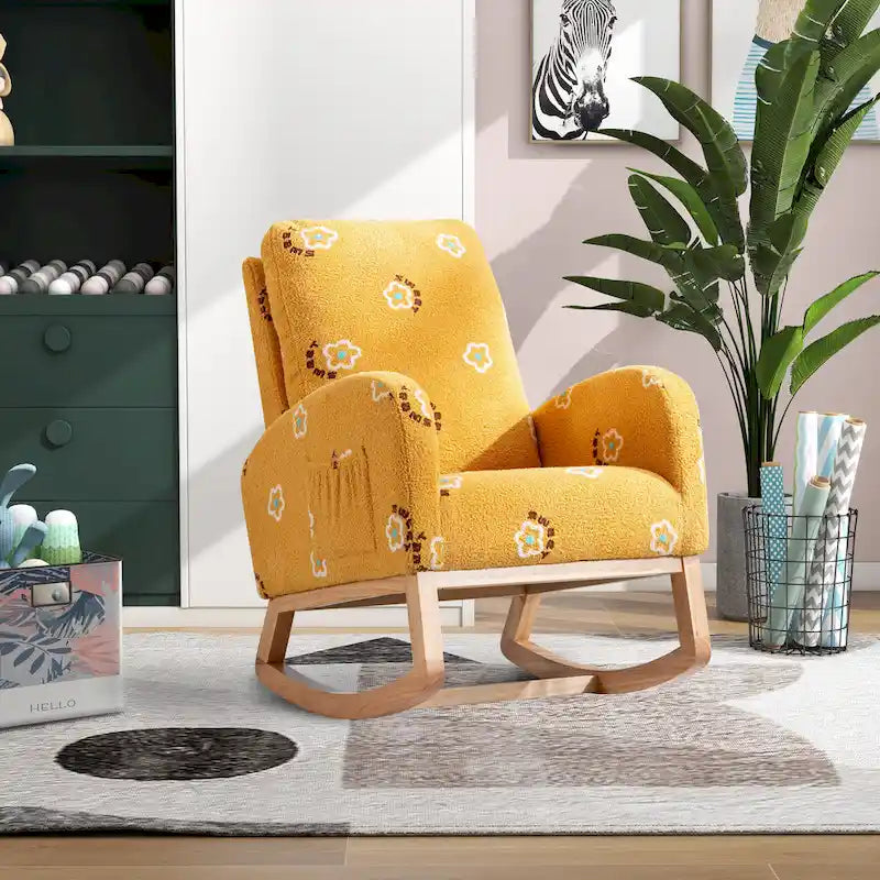 Fauteuil à bascule rembourré moderne avec poches latérales, chaise de chambre d'enfant en bois à dossier haut