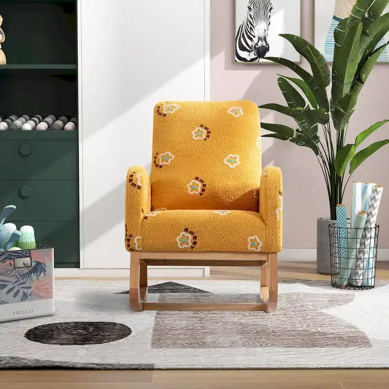 Fauteuil à bascule rembourré moderne avec poches latérales, chaise de chambre d'enfant en bois à dossier haut
