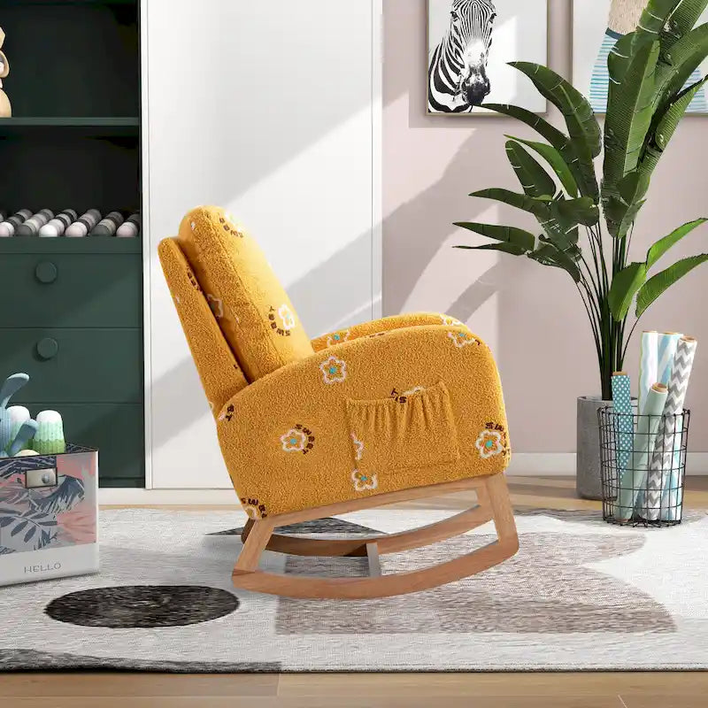 Fauteuil à bascule rembourré moderne avec poches latérales, chaise de chambre d'enfant en bois à dossier haut