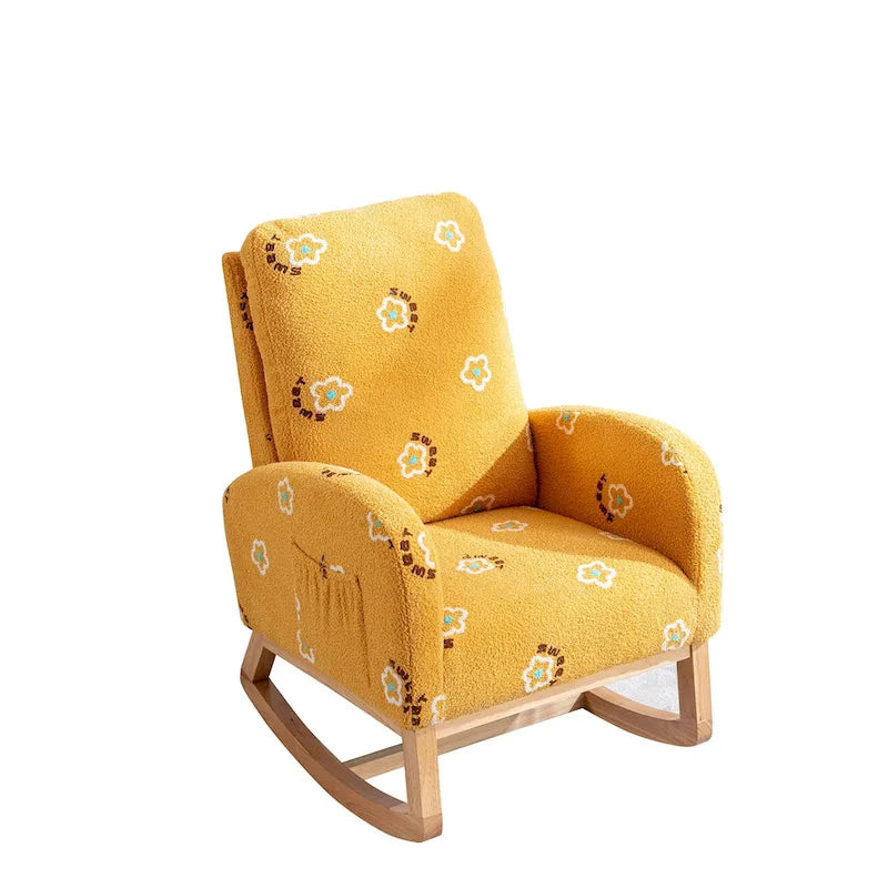 Fauteuil à bascule rembourré moderne avec poches latérales, chaise de chambre d'enfant en bois à dossier haut