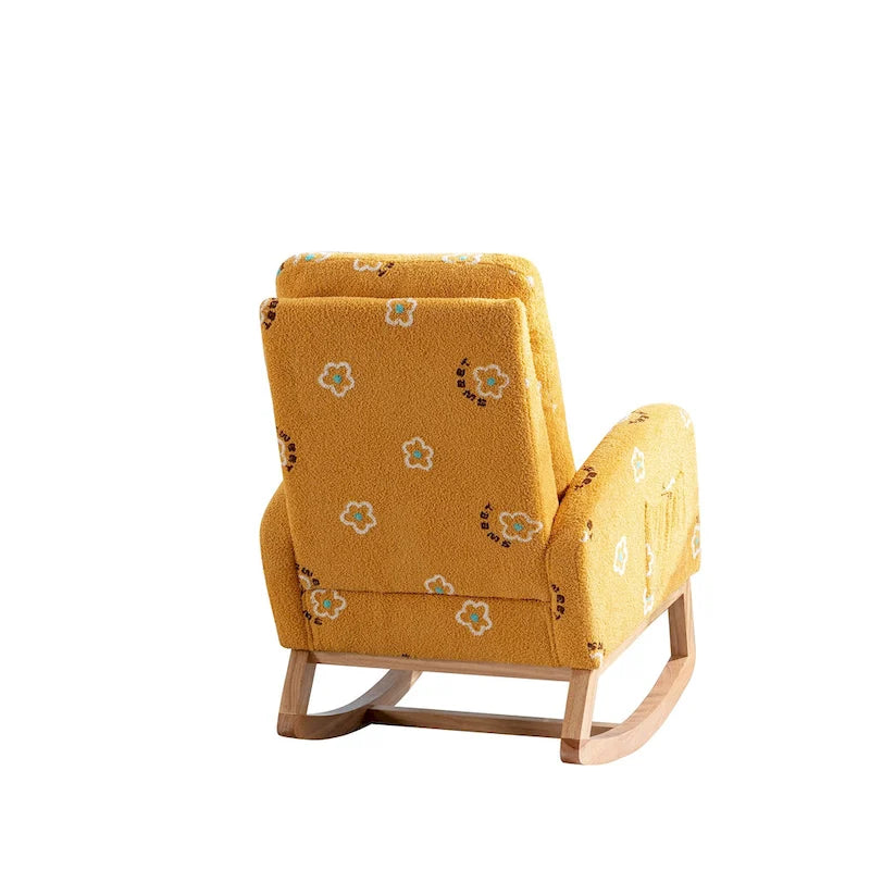 Fauteuil à bascule rembourré moderne avec poches latérales, chaise de chambre d'enfant en bois à dossier haut