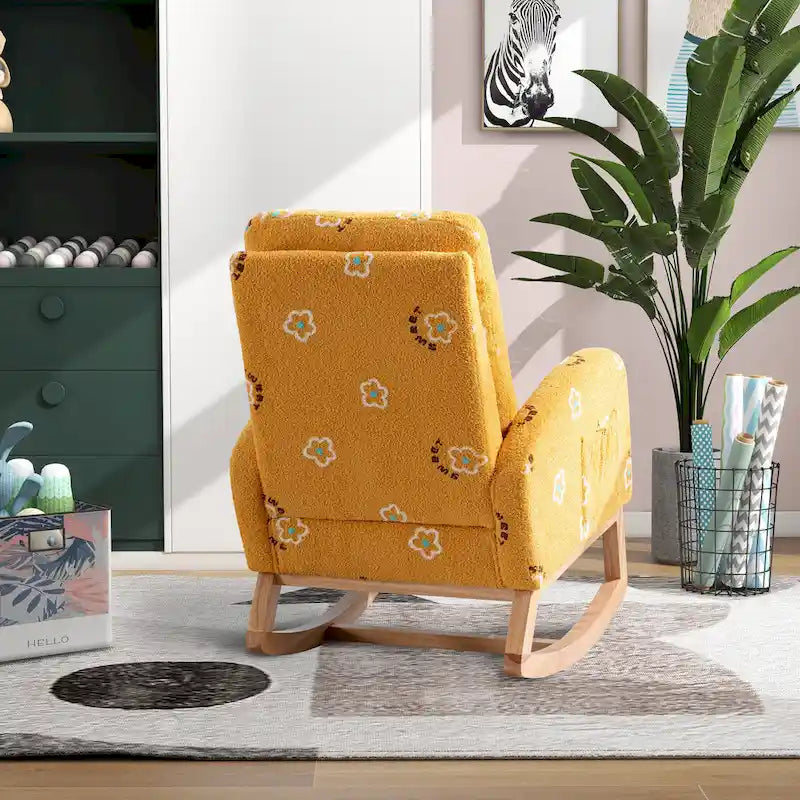 Fauteuil à bascule rembourré moderne avec poches latérales, chaise de chambre d'enfant en bois à dossier haut