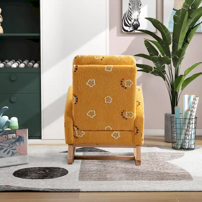 Fauteuil à bascule rembourré moderne avec poches latérales, chaise de chambre d'enfant en bois à dossier haut