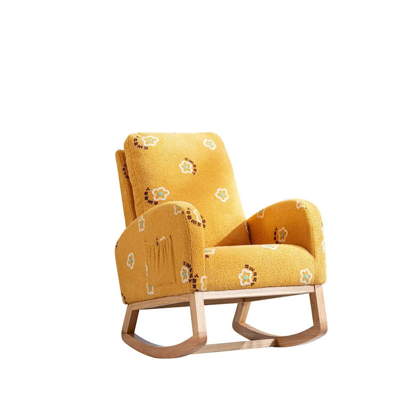 Fauteuil à bascule rembourré moderne avec poches latérales, chaise de chambre d'enfant en bois à dossier haut