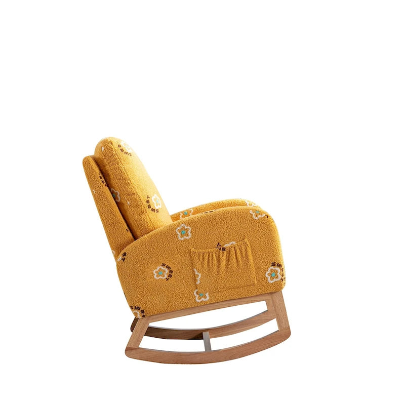 Fauteuil à bascule rembourré moderne avec poches latérales, chaise de chambre d'enfant en bois à dossier haut