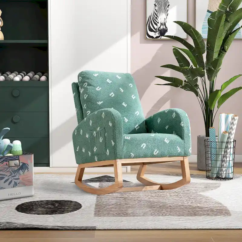 Fauteuil à bascule rembourré moderne avec poches latérales, chaise de chambre d'enfant en bois à dossier haut