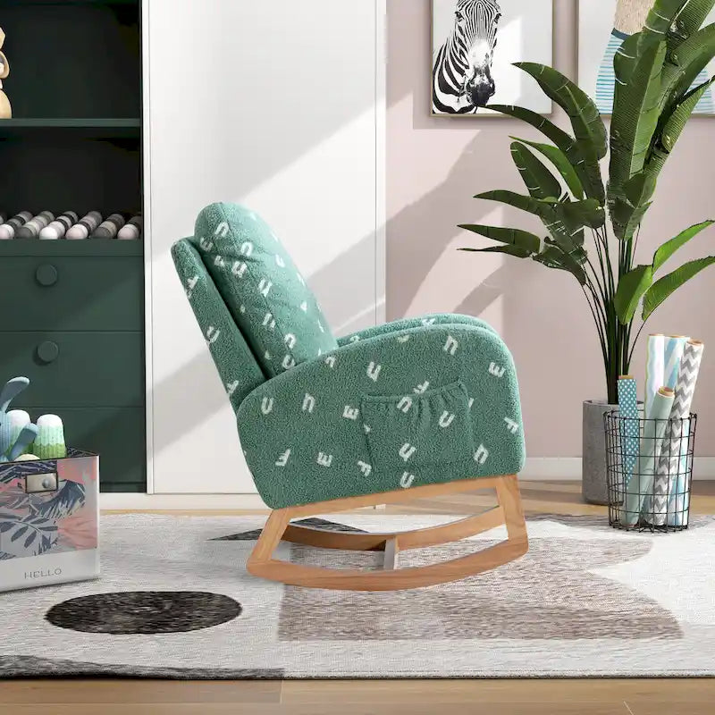 Fauteuil à bascule rembourré moderne avec poches latérales, chaise de chambre d'enfant en bois à dossier haut