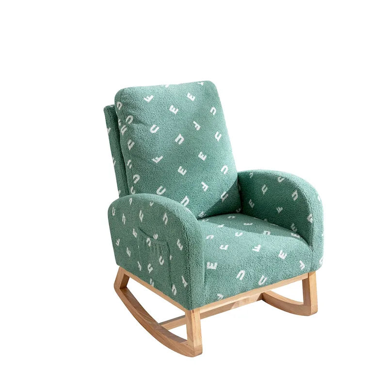 Fauteuil à bascule rembourré moderne avec poches latérales, chaise de chambre d'enfant en bois à dossier haut