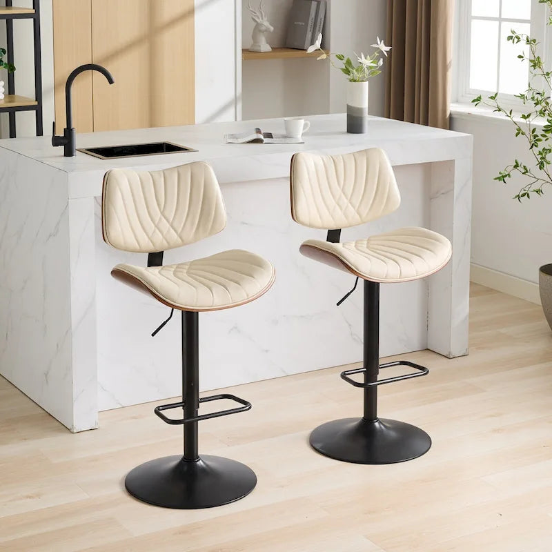 Lot de 2 tabourets de bar pivotants modernes avec dossier en cuir, assise rembourrée, base chromée, hauteur réglable, pour îlot de cuisine