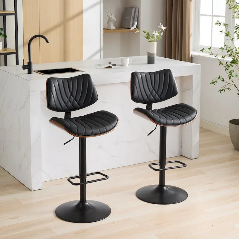 Lot de 2 tabourets de bar pivotants modernes avec dossier en cuir, assise rembourrée, base chromée, hauteur réglable, pour îlot de cuisine