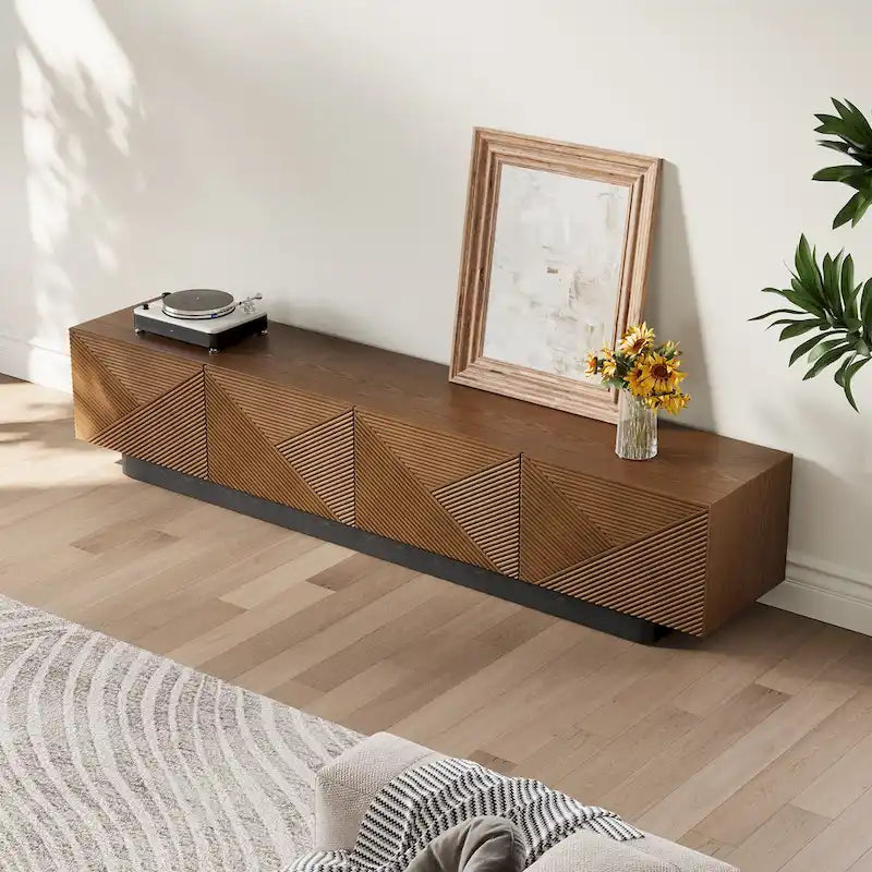 Meuble TV moderne du milieu du siècle de 78,74 po, avec placage en bois massif brun, console média avec 4 armoires