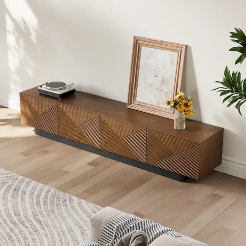Meuble TV moderne du milieu du siècle de 78,74 po, avec placage en bois massif brun, console média avec 4 armoires