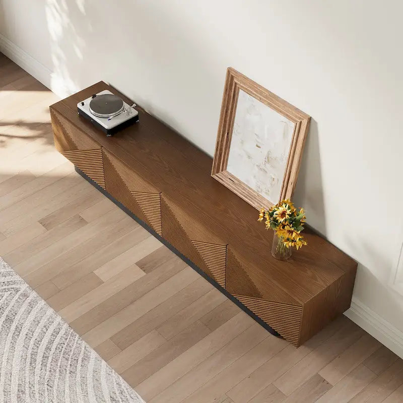 Meuble TV moderne du milieu du siècle de 78,74 po, avec placage en bois massif brun, console média avec 4 armoires