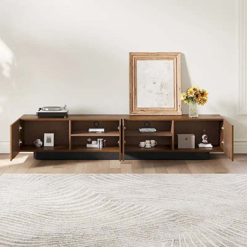 Meuble TV moderne du milieu du siècle de 78,74 po, avec placage en bois massif brun, console média avec 4 armoires