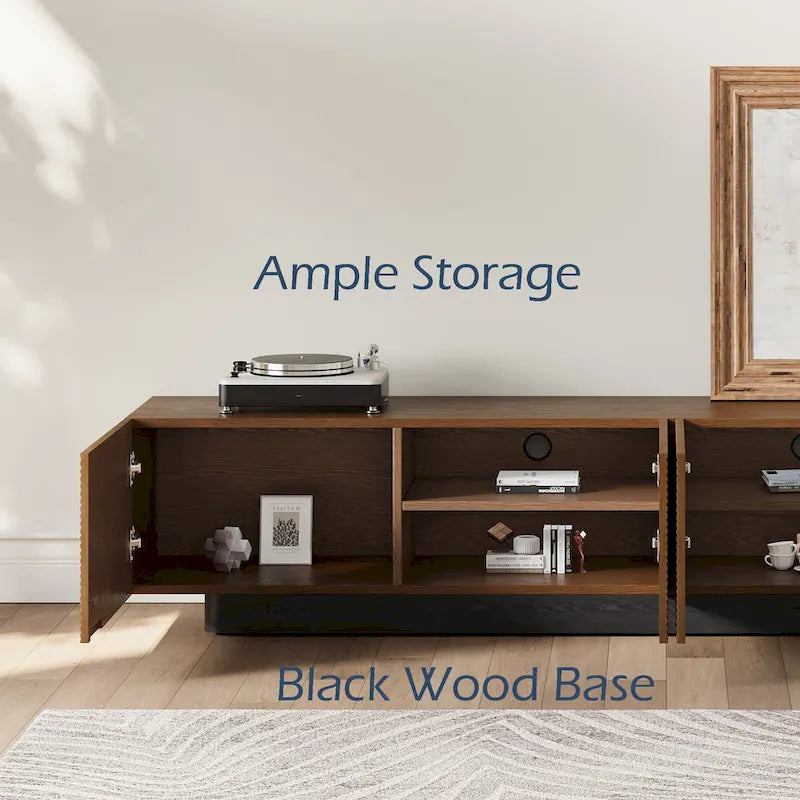 Meuble TV moderne du milieu du siècle de 78,74 po, avec placage en bois massif brun, console média avec 4 armoires