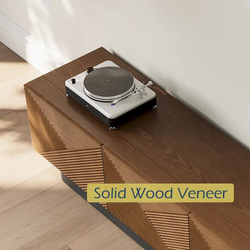 Meuble TV moderne du milieu du siècle de 78,74 po, avec placage en bois massif brun, console média avec 4 armoires