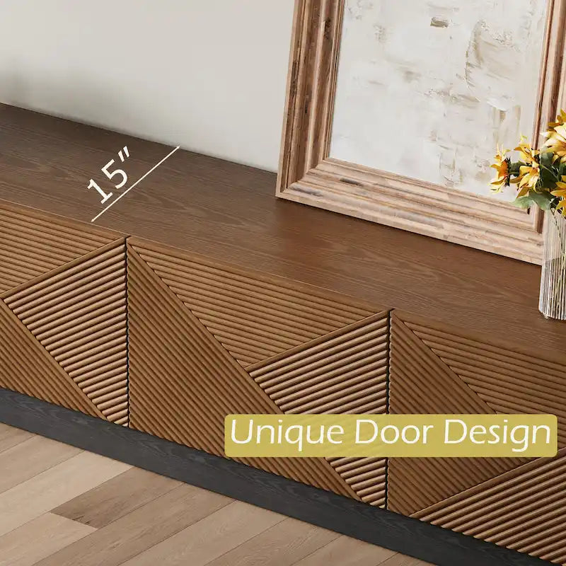 Meuble TV moderne du milieu du siècle de 78,74 po, avec placage en bois massif brun, console média avec 4 armoires