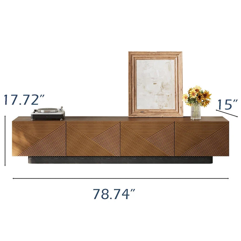 Meuble TV moderne du milieu du siècle de 78,74 po, avec placage en bois massif brun, console média avec 4 armoires