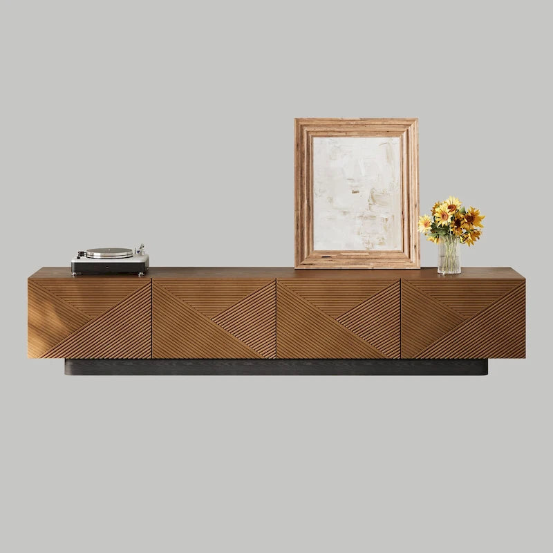 Meuble TV moderne du milieu du siècle de 78,74 po, avec placage en bois massif brun, console média avec 4 armoires