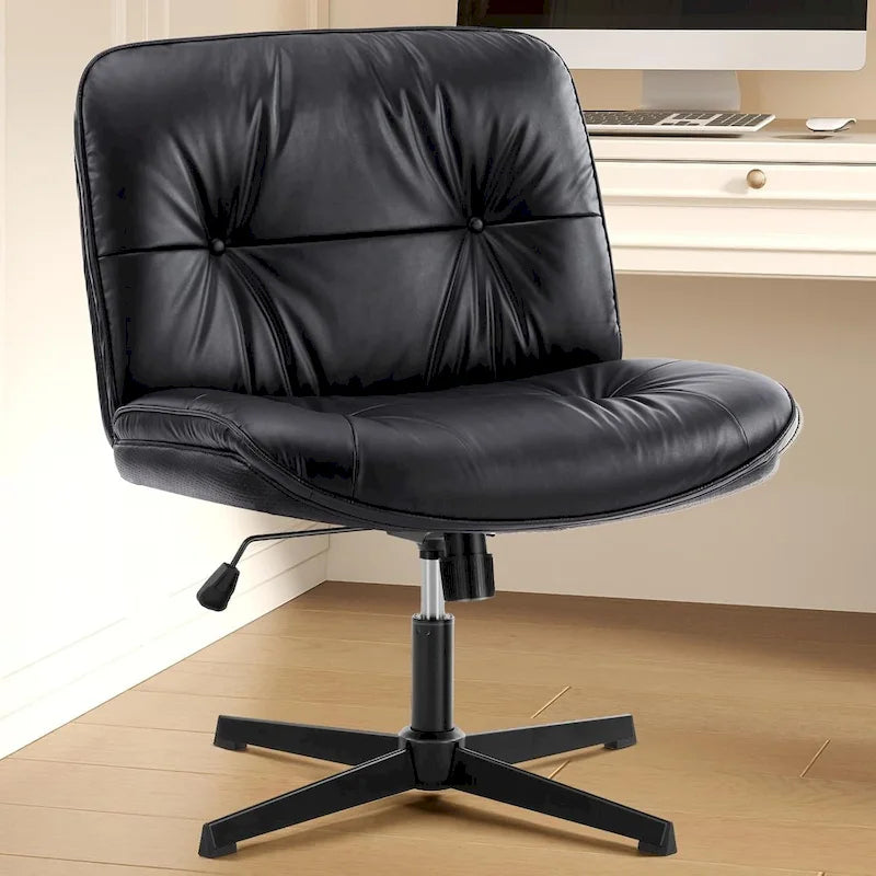 Chaise sans roulettes à pieds croisés, sans accoudoirs, assise large, hauteur réglable, pivotante, en cuir PU épais et rembourré, confortable pour la maison et le bureau