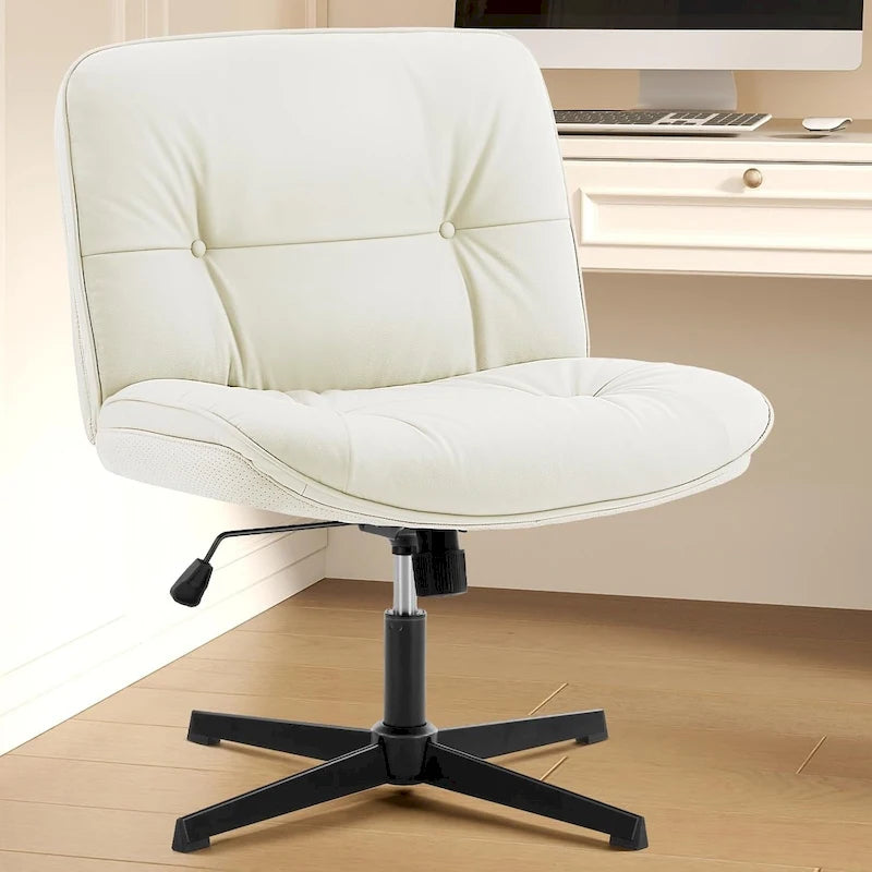 Chaise sans roulettes à pieds croisés, sans accoudoirs, assise large, hauteur réglable, pivotante, en cuir PU épais et rembourré, confortable pour la maison et le bureau