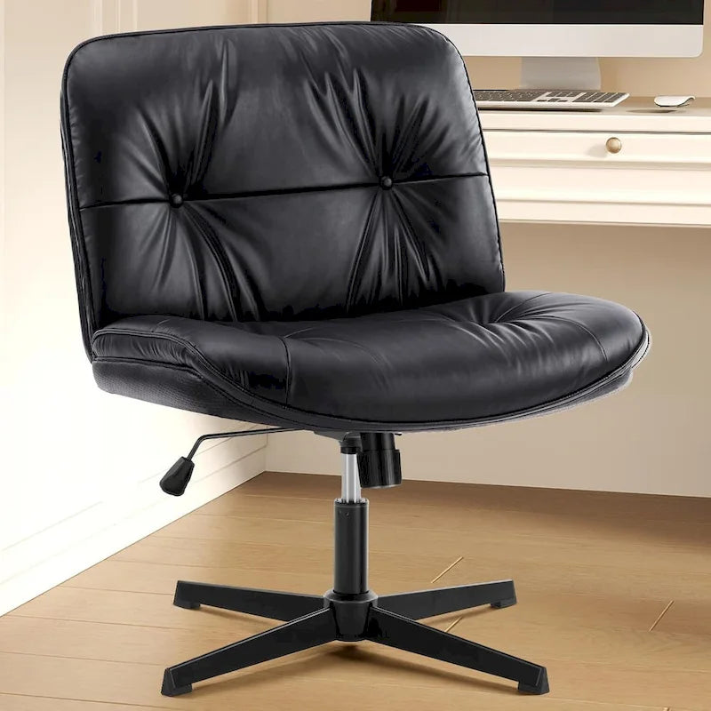 Chaise sans roulettes à pieds croisés, sans accoudoirs, assise large, hauteur réglable, pivotante, en cuir PU épais et rembourré, confortable pour la maison et le bureau