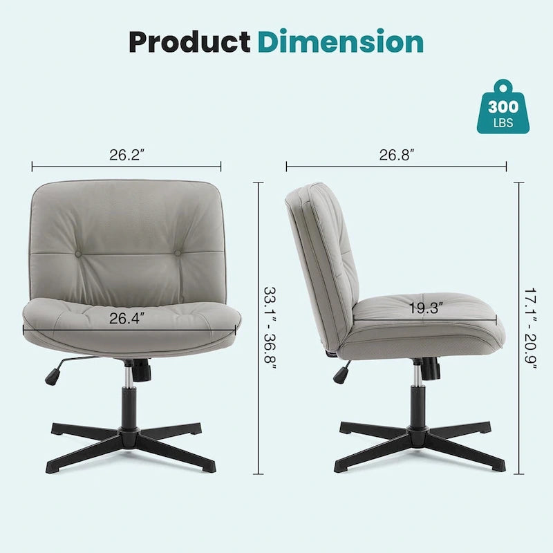 Chaise sans roulettes à pieds croisés, sans accoudoirs, assise large, hauteur réglable, pivotante, en cuir PU épais et rembourré, confortable pour la maison et le bureau