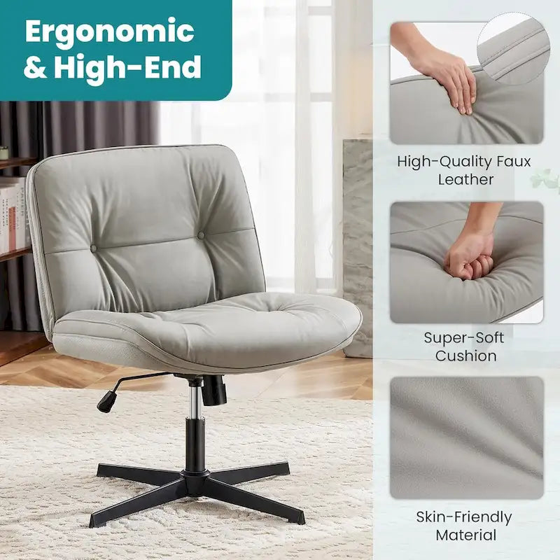 Chaise sans roulettes à pieds croisés, sans accoudoirs, assise large, hauteur réglable, pivotante, en cuir PU épais et rembourré, confortable pour la maison et le bureau