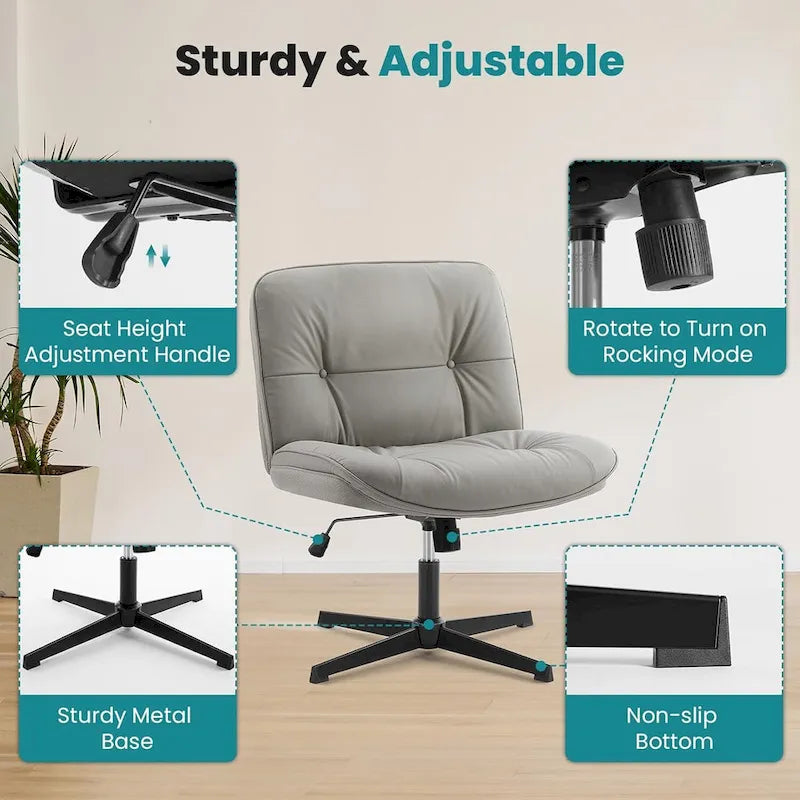 Chaise sans roulettes à pieds croisés, sans accoudoirs, assise large, hauteur réglable, pivotante, en cuir PU épais et rembourré, confortable pour la maison et le bureau