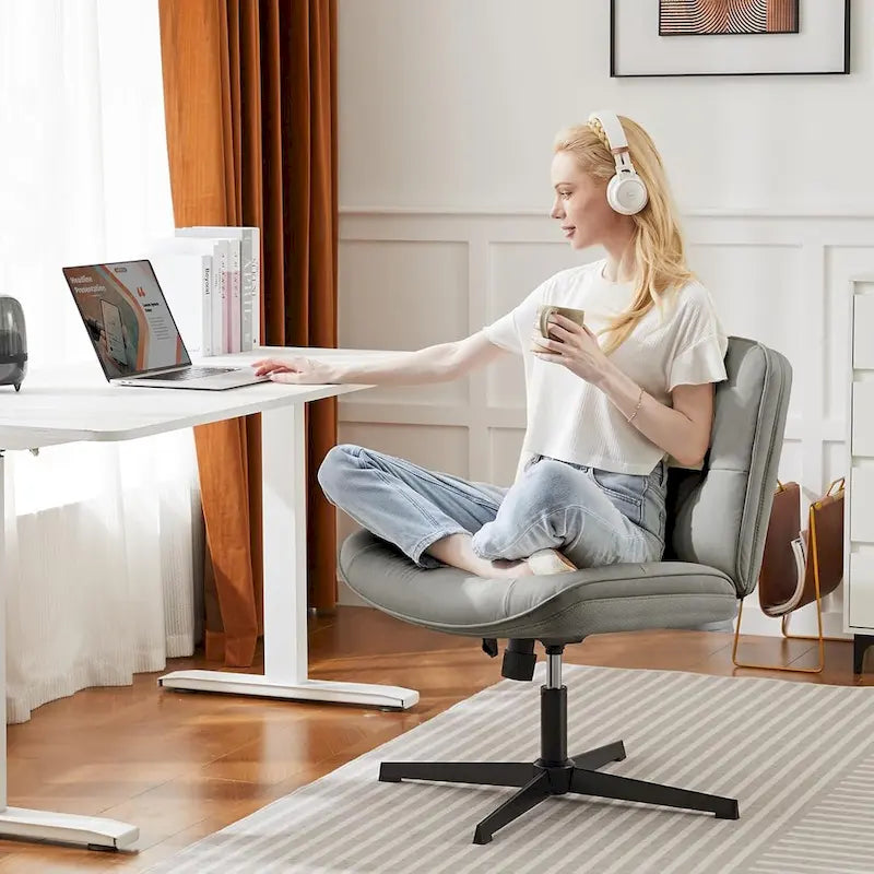 Chaise sans roulettes à pieds croisés, sans accoudoirs, assise large, hauteur réglable, pivotante, en cuir PU épais et rembourré, confortable pour la maison et le bureau