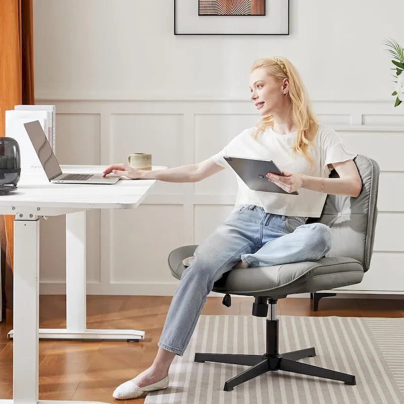Chaise sans roulettes à pieds croisés, sans accoudoirs, assise large, hauteur réglable, pivotante, en cuir PU épais et rembourré, confortable pour la maison et le bureau