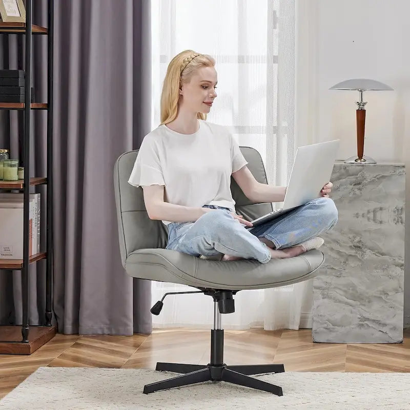Chaise sans roulettes à pieds croisés, sans accoudoirs, assise large, hauteur réglable, pivotante, en cuir PU épais et rembourré, confortable pour la maison et le bureau