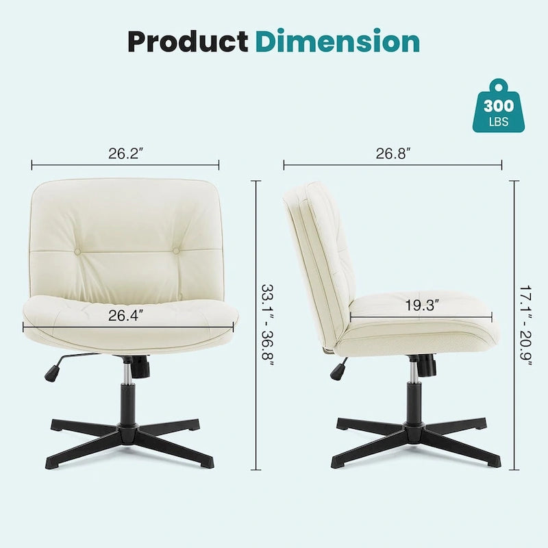 Chaise sans roulettes à pieds croisés, sans accoudoirs, assise large, hauteur réglable, pivotante, en cuir PU épais et rembourré, confortable pour la maison et le bureau