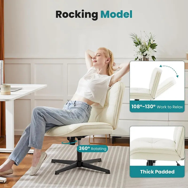 Chaise sans roulettes à pieds croisés, sans accoudoirs, assise large, hauteur réglable, pivotante, en cuir PU épais et rembourré, confortable pour la maison et le bureau