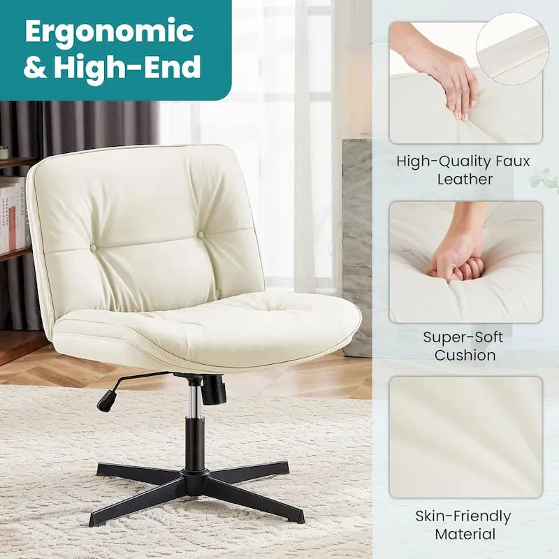 Chaise sans roulettes à pieds croisés, sans accoudoirs, assise large, hauteur réglable, pivotante, en cuir PU épais et rembourré, confortable pour la maison et le bureau