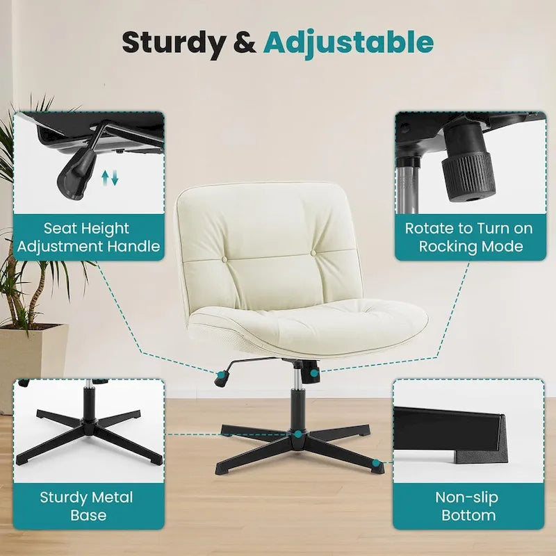 Chaise sans roulettes à pieds croisés, sans accoudoirs, assise large, hauteur réglable, pivotante, en cuir PU épais et rembourré, confortable pour la maison et le bureau