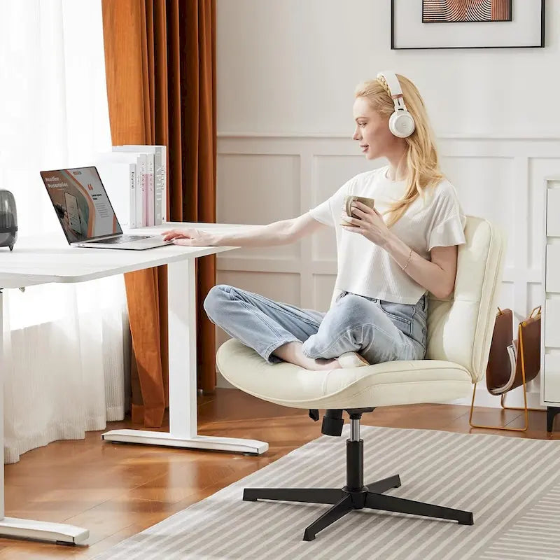 Chaise sans roulettes à pieds croisés, sans accoudoirs, assise large, hauteur réglable, pivotante, en cuir PU épais et rembourré, confortable pour la maison et le bureau