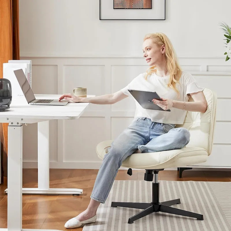 Chaise sans roulettes à pieds croisés, sans accoudoirs, assise large, hauteur réglable, pivotante, en cuir PU épais et rembourré, confortable pour la maison et le bureau